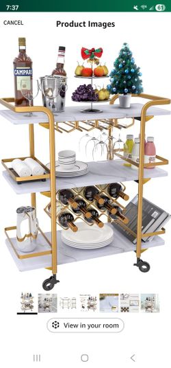 Bar Cart, 3-Tier Storage Serving Cart Rolling Wine Trolley Kitchen Island Cart with Wine Glass Holder, Handle Racks with Litght Stone Fi