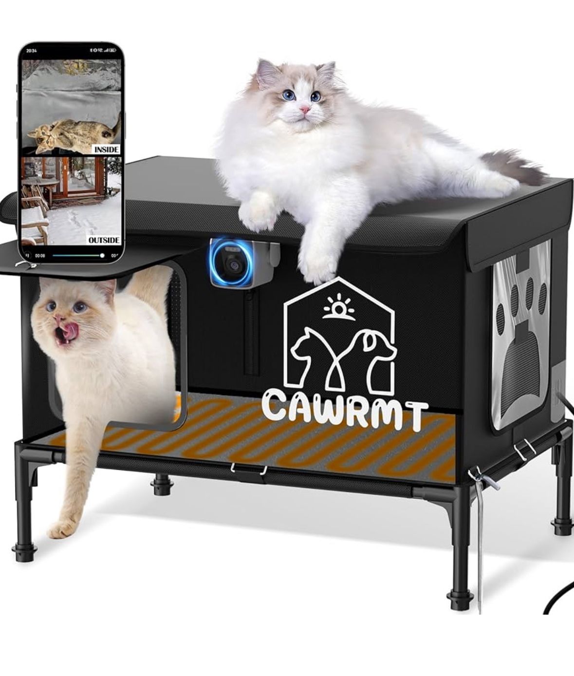 Heated Cat House with Camera, Outdoor Cats in Winter, Waterproof Fully Insulated, Outside Feral Cat Shelter Weatherproof for Stray Barn Cat (Black, Me