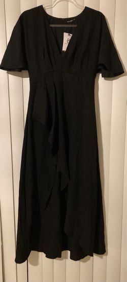 Women Black V-Neck Dress Flutter Sleeves Cascading Ruffle Detail Down Front Size Small