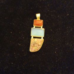  Sterling Silver Large Charm with Carnelian Stone,Blue Chalcedony Stone and Agate Stone 