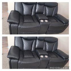 Two Black Leather Reclining Loveseats With Cupholders