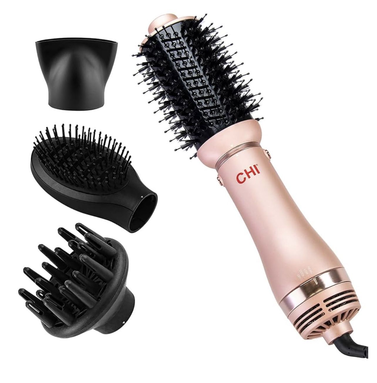 CHI Volumizer 4-in-1 Blowout Brush, Hair Dryer for Smooth, Silky & Shiny Hair, Four Interchangeable Attachments for Versatile Styling, Rose Gold
