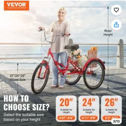 VEVOR Folding Adult Tricycle, 24-Inch