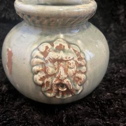 vintage Italian Porcelain Vase CELADON Glaze Carved Lion Medallion 7.5" X 7.5"
