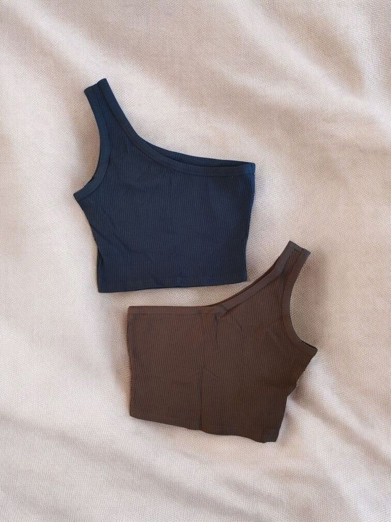 (2) Solid Rib-knit One Shoulder Crop Tops SMALL (4)