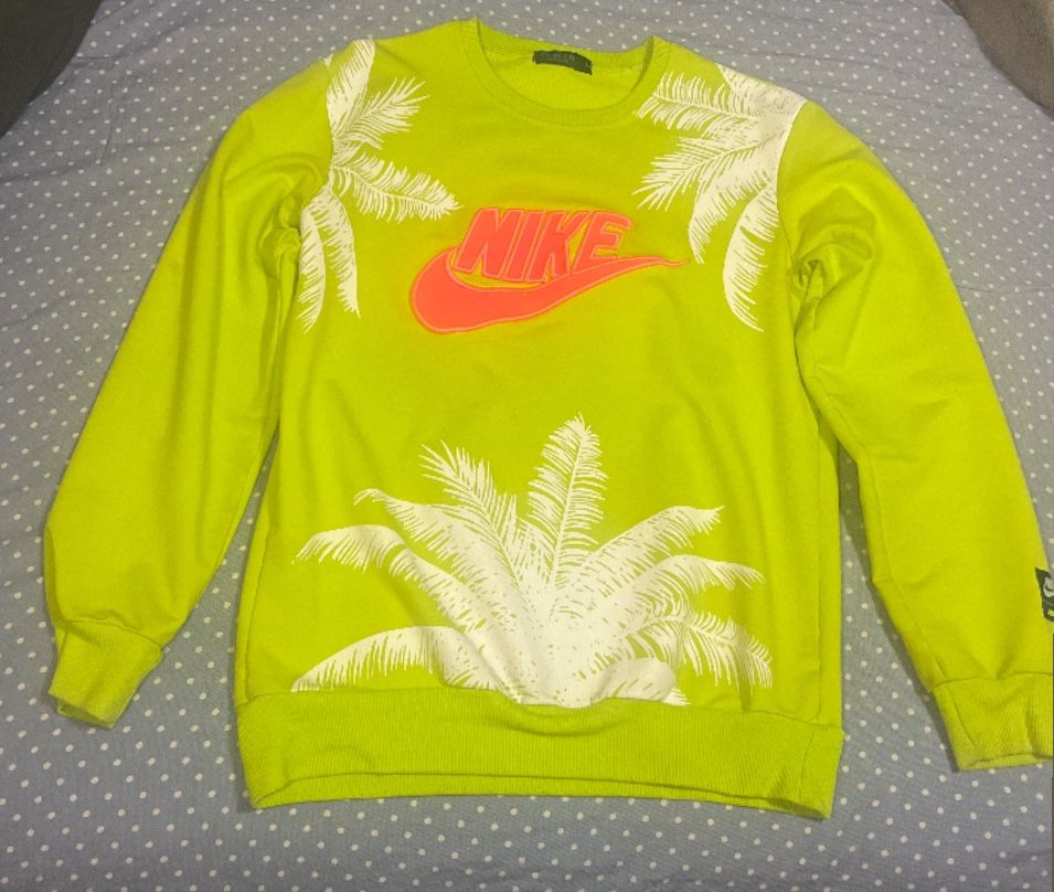 Neon green Nike crewneck sweatshirt with palm tree design