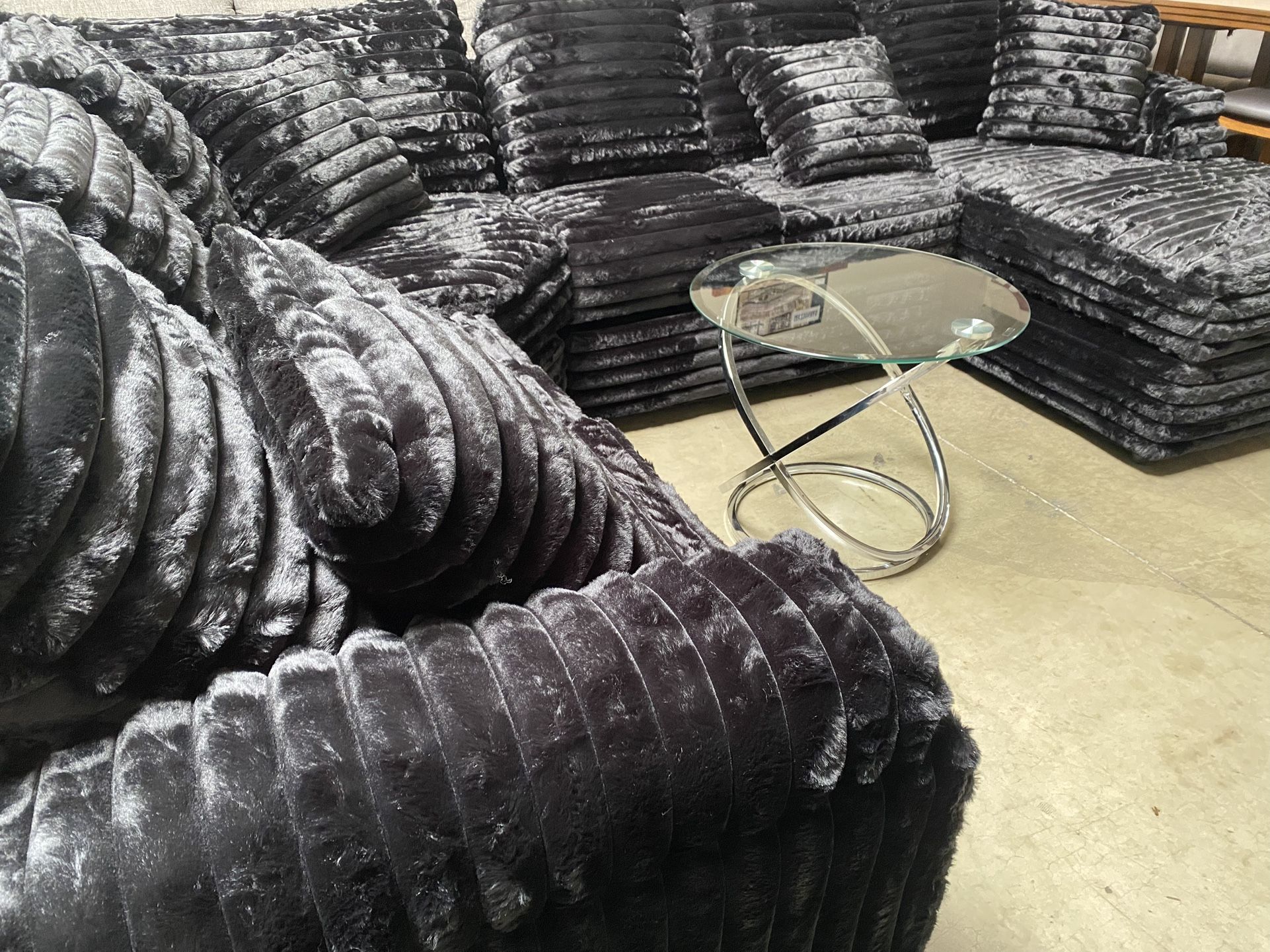 Custom Made Black Plush 4pc Sectional wide chaise 12x8x6 $1,599 Was $2499