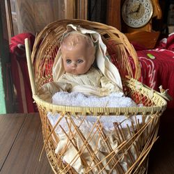 Vintage Composition Baby Doll in Wicker Crib Basket – Antique Creepy Decor