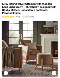Elroy Round Velvet Ottoman with Wooden Legs Light Brown