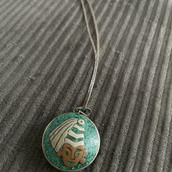 Vintage Mexico MFTALES Pendant Aztec Graphic Design Turquoise Silver Copper