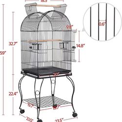  59-Inch Rolling Standing Medium Dome Open Top Bird Cage for Parrots Cockatiels Sun Conures Parakeets Lovebirds Budgies Finches Canary Pet Bird Cage w