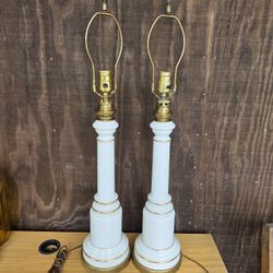 Pair of MCM Vintage Tyndale Brand Milk Glass Lamps with Gold Trimmings - Brass Weathervane Topper