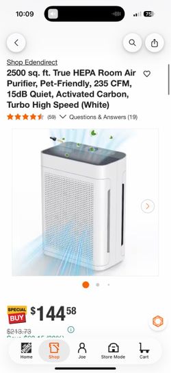 Edendirect 2500 Sq. Ft. True HEPA Room Air Purifier (Pet-Friendly, 235 CFM, 15dB Quiet, White)