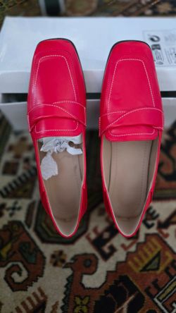 Red Leather Square-Toe Loafers