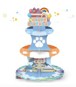 Cartoon Dog 3-Tier Cardboard Cupcake Stand for Cupcakes, Blue House Birthday Party Supplies, Happy Birthday Party Decorations, Blue, Orange