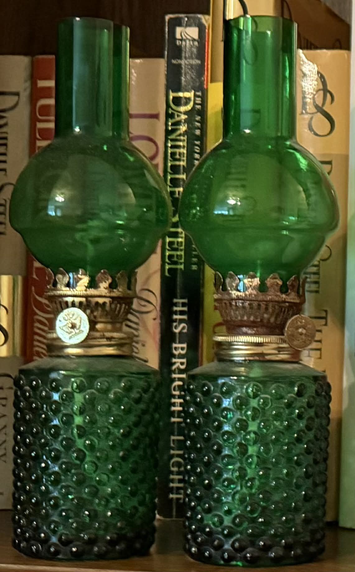 Set of 2 Vintage Mini Green Oil Lamps with Green Glass Chimney Brass Burner 8.5”