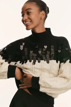 NWT MAEVE from Anthropologie Colorblock Sequin Chunky Sweater Black/Cream L