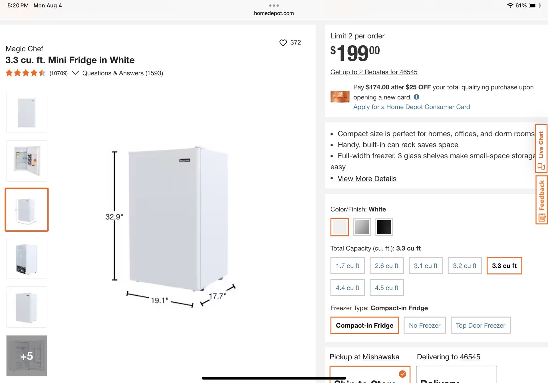 Magic Chef 3.3 Cubic Feet Mini Refrigerator White