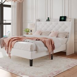 Queen Frame with 16" Deluxe Wingback & Charging Station, Upholstered Platform Bed with Button Tufted Storage Headboard