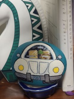 Hand-Painted VW Beetle Rock Art, Front and Back View