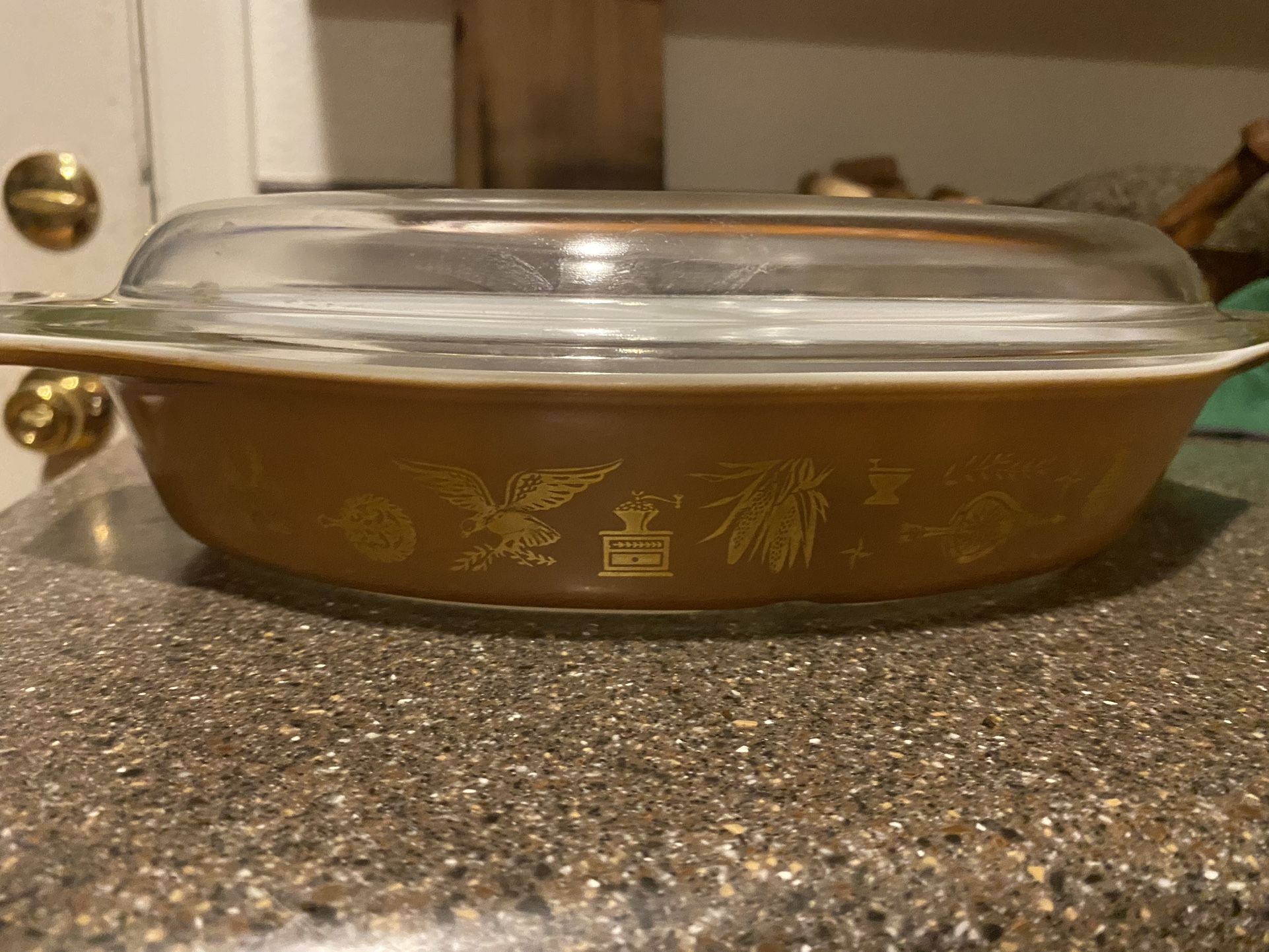 Vintage Pyrex Early American Gold Pattern Split Baking Dish