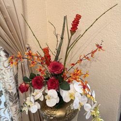 Handmade Artificial Flower Arrangement In A Golden Ceramic Vase, White Orchids, Red Roses, And Assorted, Orange. Vase Wish 34’’x11 Height 30’’