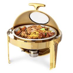 ROVSUN 6 QT Roll Top Round Gold Chafing Dish Buffet Set with Visible Window