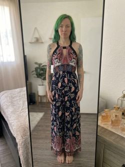 Ahto Navy Coral Floral Paisley Keyhole Halter Maxi Dress S