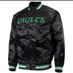Philadelphia Eagles Varsity Black Satin Jacket by Mitchell & Ness, Sticker Patch (Large)