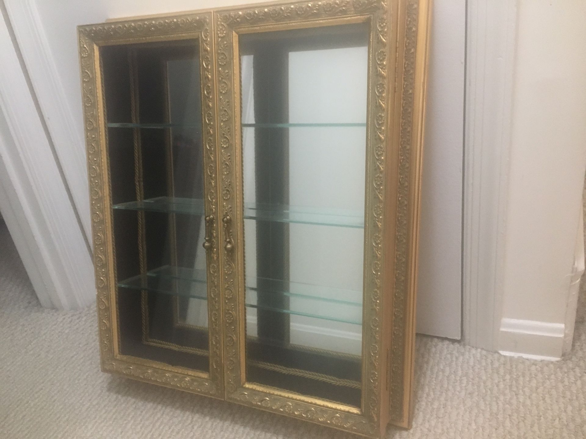 Wall mounted display case with glass shelves