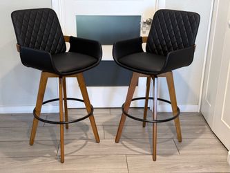 SET OF 2 SWIVEL BLACK FAUX LEATHER BAR STOOLS ( NEW AND ASSEMBLED )