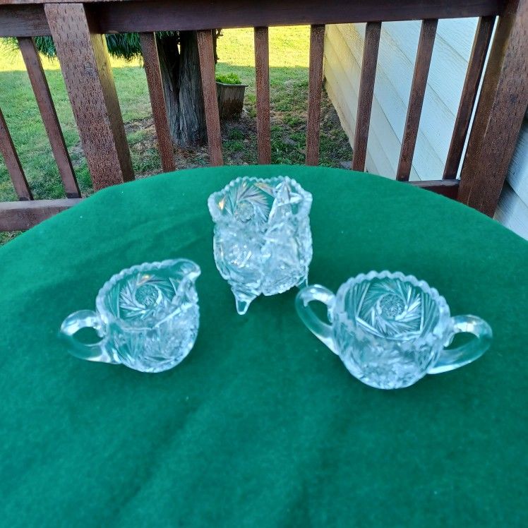 Vintage American Brilliant Cut Crystal Cream, Sugar And Vase