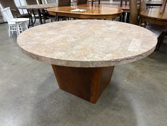 Round Stone Top Dining Table with Tapered Wooden Pedestal Base