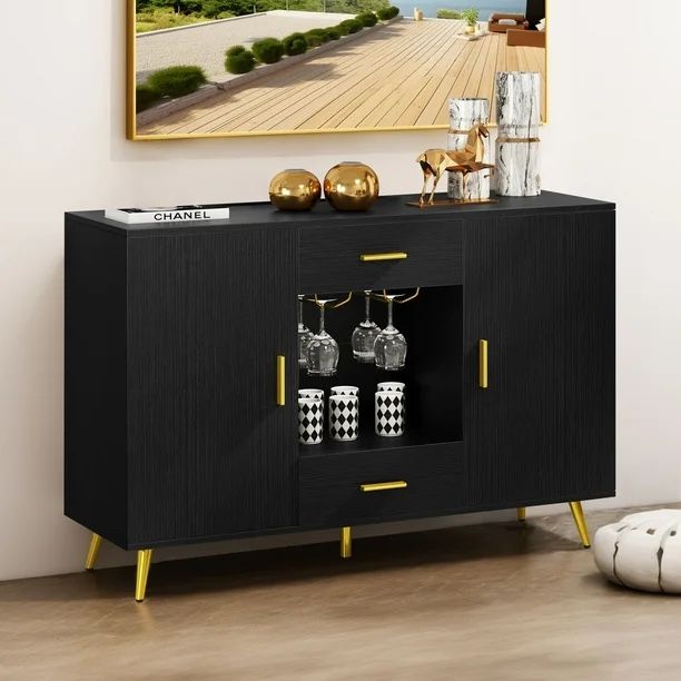 Buffet Cabinet, Sideboard Buffet with Storage, 3 Tier Adjustable Shelf, Wine Glass Holder