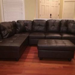Brown leather Sectional Couch And Ottoman 