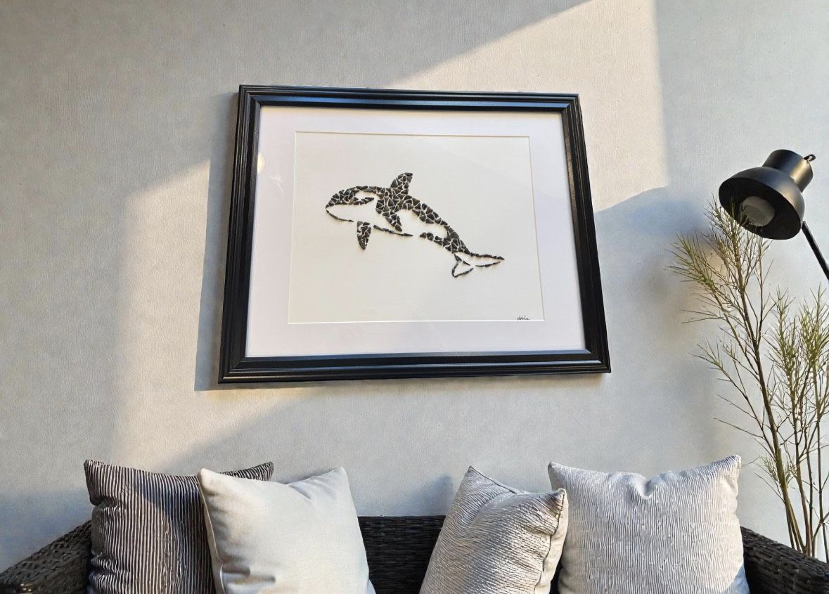 Extra Large Orca (Killer Whale) – Fossilized Shark Teeth Wall Art | 20” x 16” | One-of-a-Kind