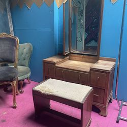 Wood antique vanity and stool 