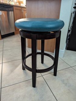 Set of 2 Swivel Teal/Brown Backless Wood Counter Stool with Faux Leather Seat