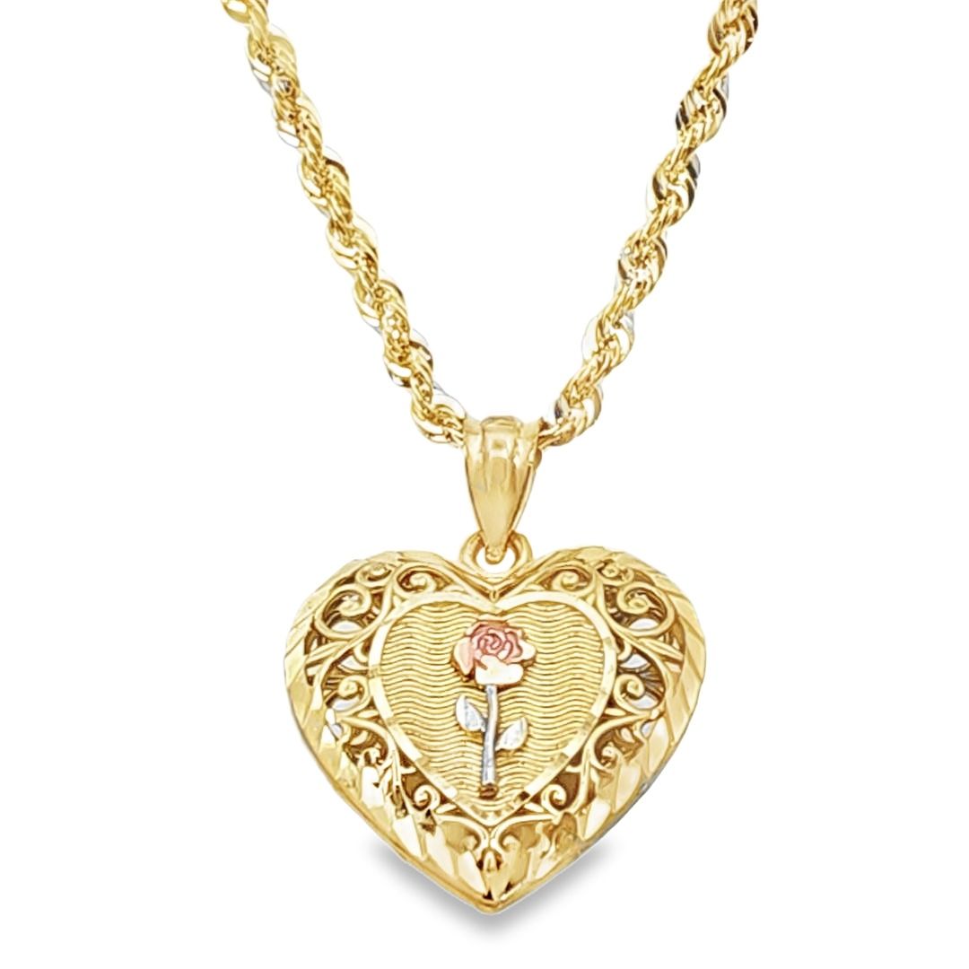 10K Double Sided Rose and Mother Marry Pendant With Rope Chain 20"