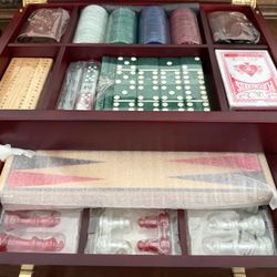 Board Game Set Wood Accented w/Drawer Chess Checkers Backgammon Poker