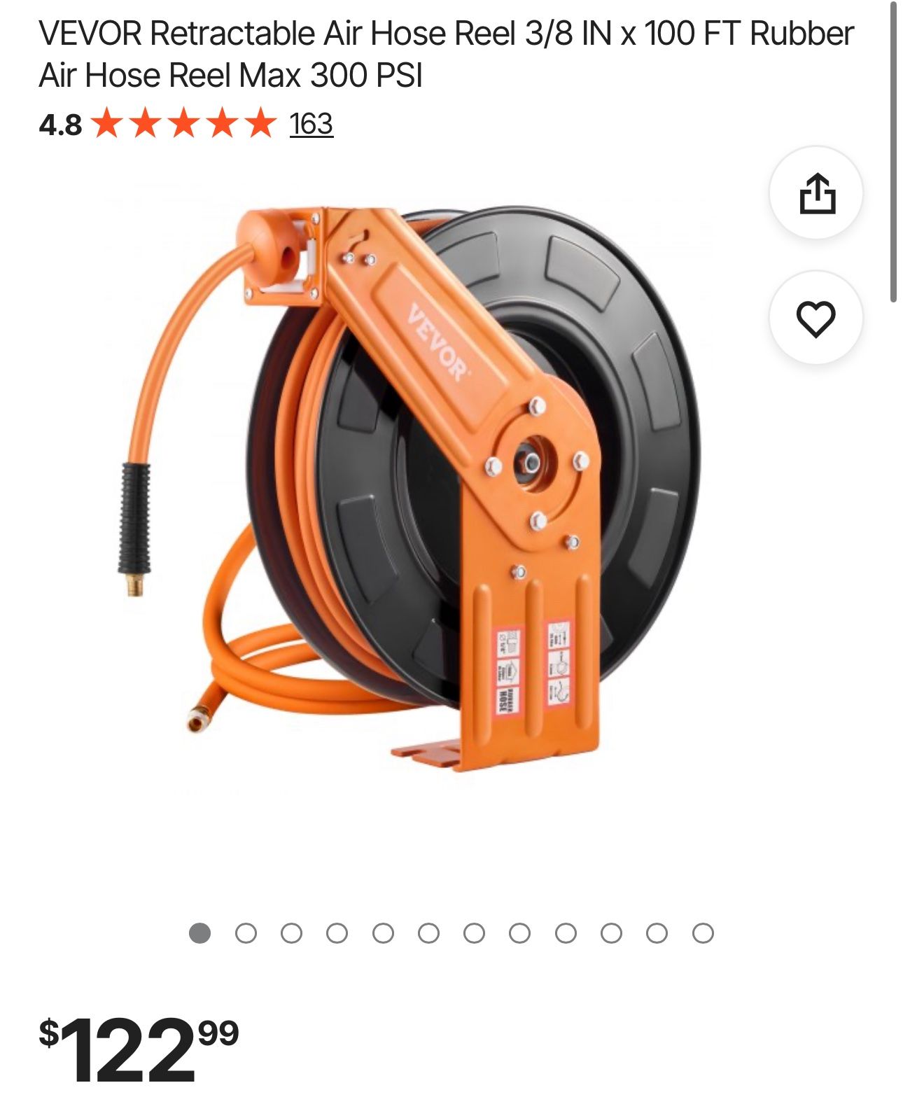 VEVOR Retractable Air Hose Reel 3/8 IN x 100 FT Rubber Air Hose Reel Max 300 PSI