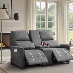 Manual Push Back Reclining Loveseat Sofa With Center Console & Cup Holders