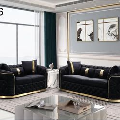VELVET SOFA& LOVESEAT WITH GOLD DETAILS ! AVAILABLE IN BLUE, GRAY AND BLACK ! SOLD BY MINAS HOME FURNITURE ! 851 Van Houten Ave Clifton NJ 07013