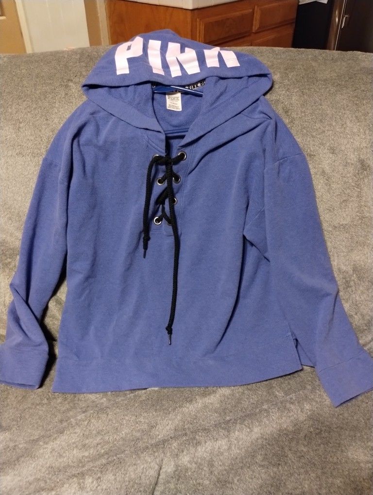 Victoria's Secret PINK Blue Purple Slouchy Lace-Up Pullover Hoodie Sweatshirt Lg