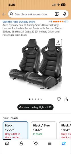 Auto Dynasty Pair of Racing Seats Universal Vinyl Leather Reclinable Bucket Seats with Bottom Mount Sliders, 38 (H) × 21 (W) × 22 (D) Inches, Driver a