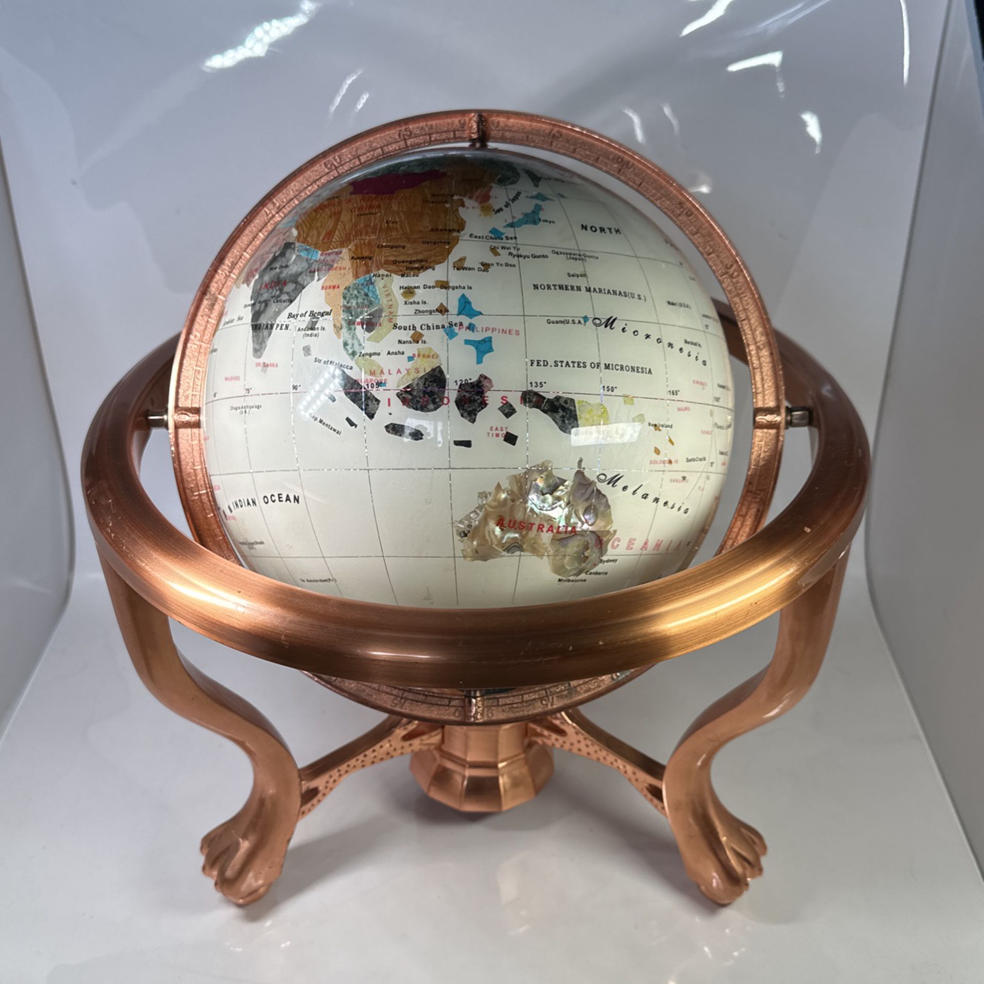 Unique Art 10-Inch Tall Table Top Pearl Ocean Gemstone World Globe with Copper