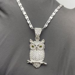 Solid 925 Sterling Silver Green-Eyed CZ Owl Pendant with 18in Mariner Chain