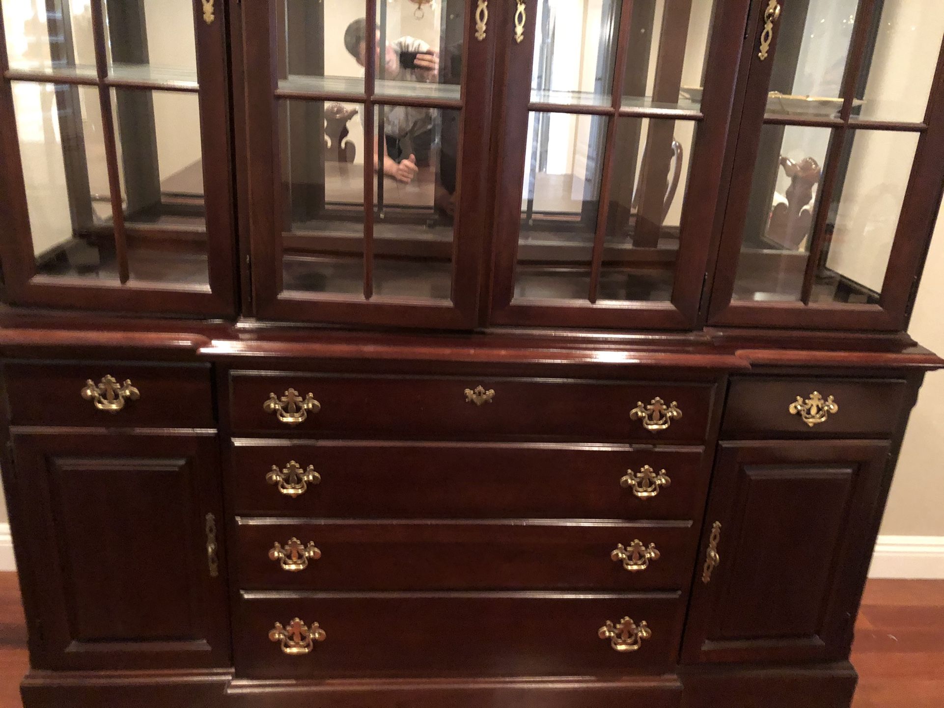 Hutch dining room table, chairs, and china cabinet