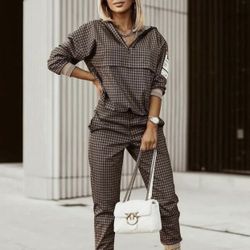 Plaid Print Zipper Front Hooded Top & Pants Set Size L 