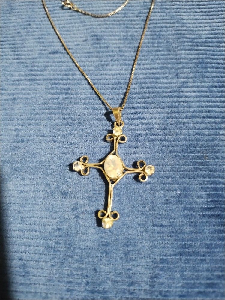 Vtg Silver Cross Necklace Moonstone 925 Silver